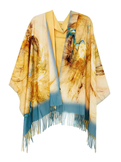 Beige-Teal Cashmere Blend Abstract Shawl