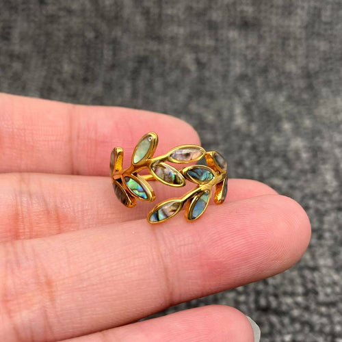 Abalone Shell Leaf Shape 18K Gold Plated Steel Ring