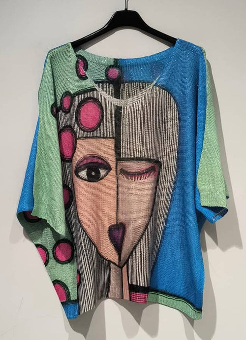 POPIG Blue " Picasso" Knit Printed Sweater 3/4 sleeves