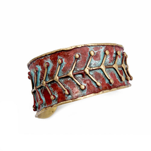 Brass Patina Cuff Bracelet - Rustic Blue Arrows