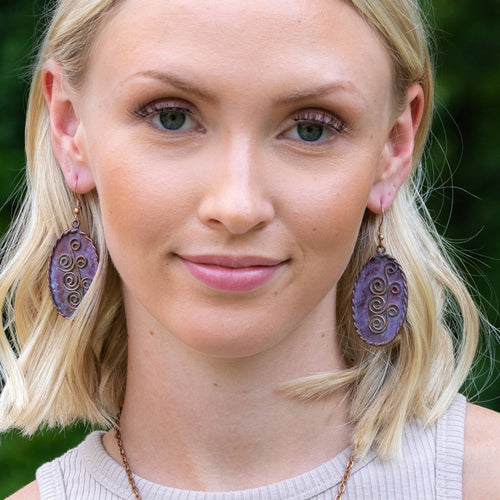 Copper Patina Earrings - Three Double Spirals in Lilac Ovals EP316