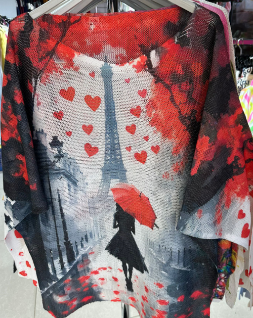 COF13 Red Hearts Eiffel Tower Round Knit Printed Sweater