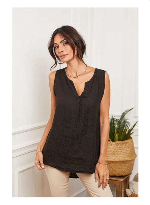100% Linen Tank with Notched V-Neck Detail 38009