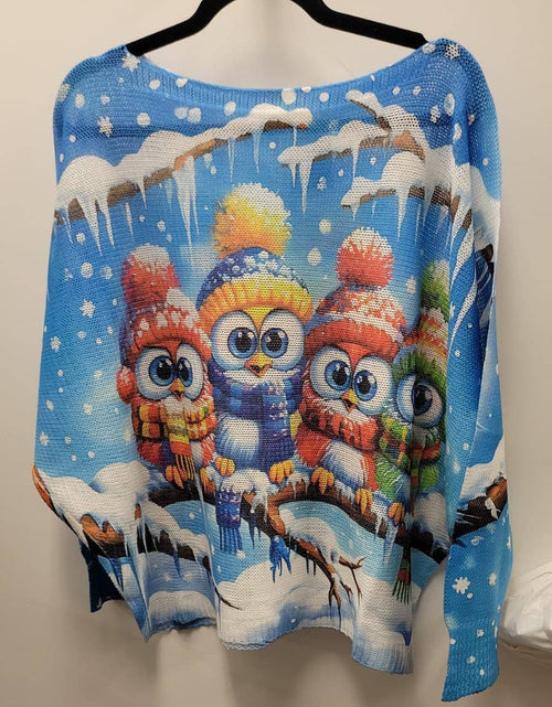 VIOWL Blue Owls Round Knit Printed Sweater