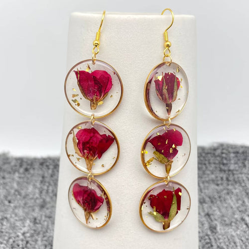 Triple Roses Round Charm Dried Flowers Dangle Earrings