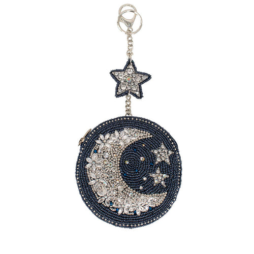 Starry Night Silver Blue Moon Beaded Coin Purse