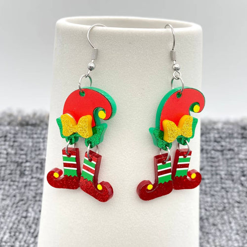 Christmas Acrylic Hat & Boots Linked Dangle Earrings