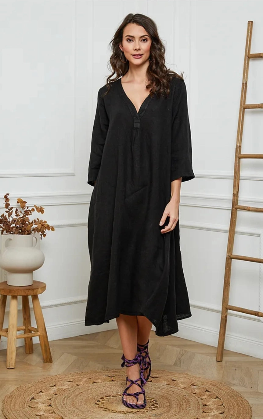 side button linen dress Side Button Linen Dress with 3/4 Sleeves Midi Custom Size, Minimalist Slow Fashion Wardrobe