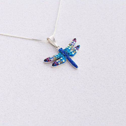 Crystal and Silver Small Mystic Dragonfly Pendant Necklace
