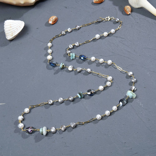 Cultured Pearl, Larimar & Crystal Rosary Style Necklace