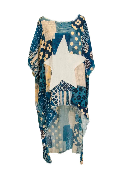 Hi-Lo Tunic with Navy Patchwork Print & Star Detail