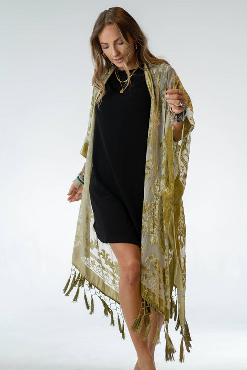 Three Bird Nest 4033 Crush Velvet Kimono - Olive