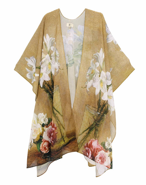 JC071051 Camel-Multi  Lily Floral Painting Kimono 71051