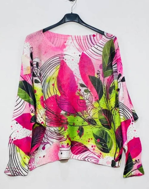 C0051 Fuchsia Leaves Round Knit Printed