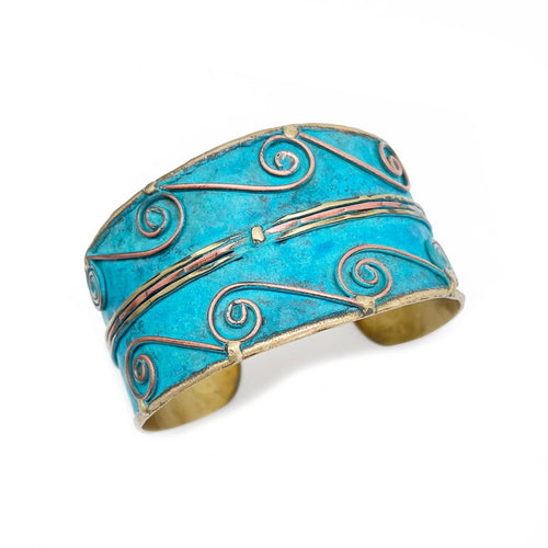 Brass Patina Cuff Bracelet - Turquoise Swirls 414