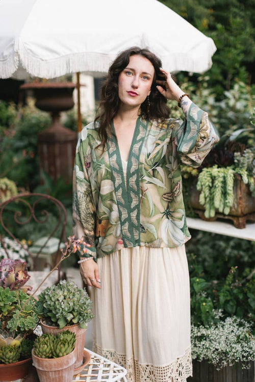 Fleur De Soleil Pixie Crop Kimono w/ Florals & Butterfly