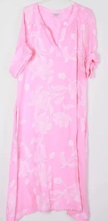 7161A Long Floral V-Notch Neckline Linen Dress