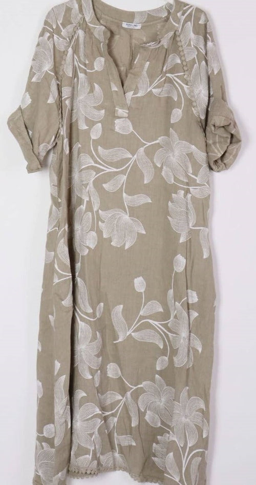 7161A Long Floral V-Notch Neckline Linen Dress