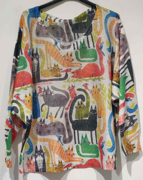 POMC Multi Cats Round  Knit Printed Sweate