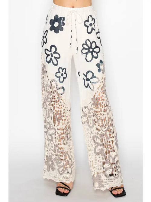 Crochet-Detail Lined Drawstring Pants-4899BG New Daisy