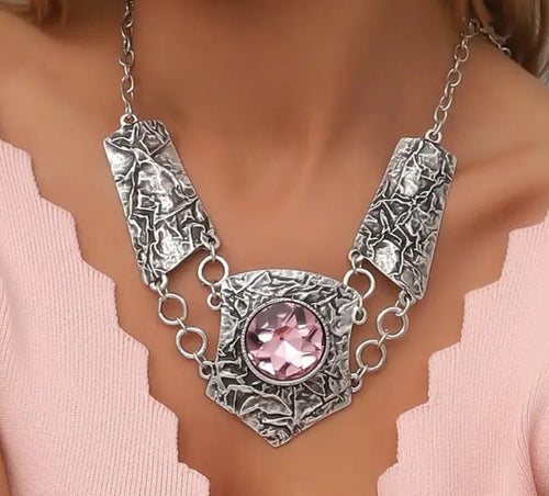 N 2337 Antique Plated Pink Crystal Stone Necklace