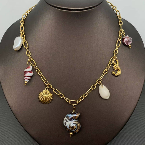 Conch & Shell & Lobster Charm 18K Golden Necklace