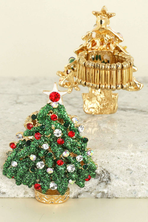 CHRISTMAS TREE RHINESTONE JEWELED COCKTAIL RING