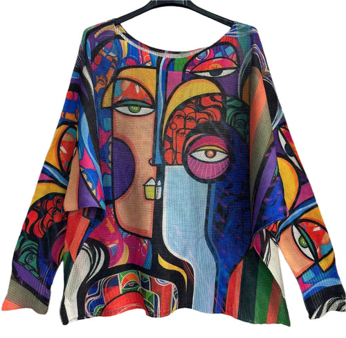 Z746 Blue "Picasso" Art Layering Sweater With Stretch