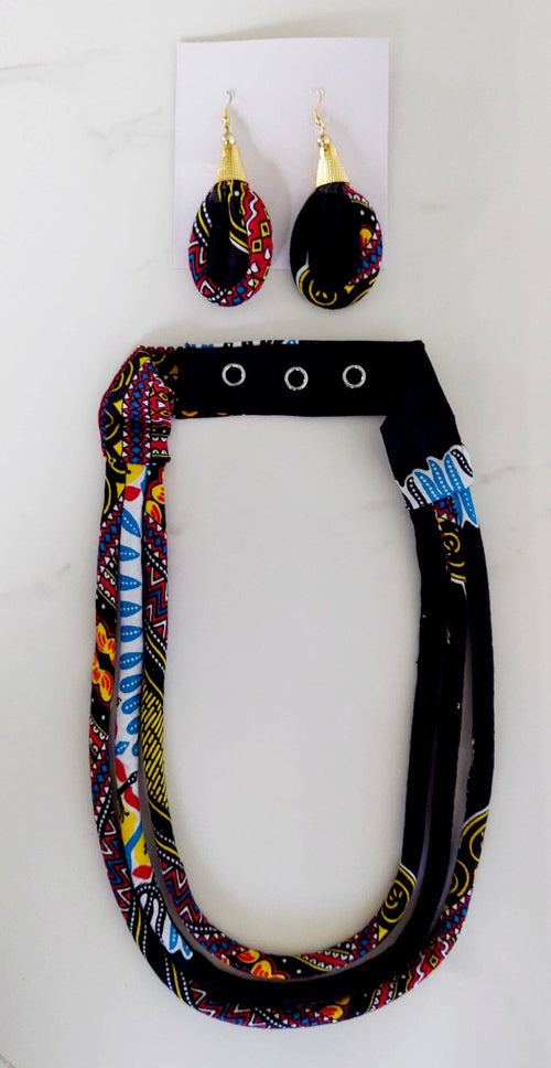 3 Layered Wax Dye Fabric Necklace & Earrings Set