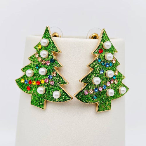 Christmas Tree Rhinestone Pearl Green Enamel Post Earrings