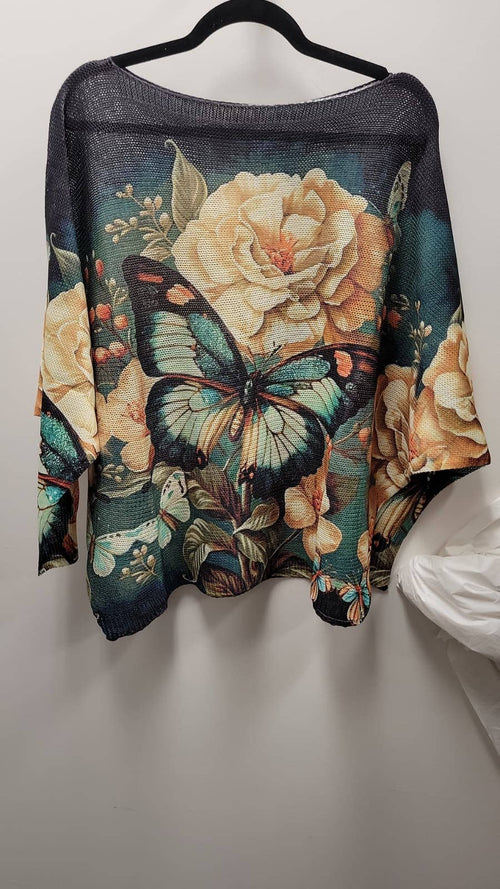 VIB2 Green Butterfly Knit Printed Sweater