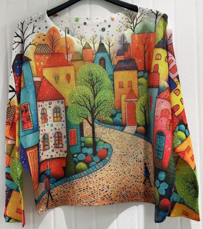 COVIL White Village Round Knit Printed Sweater Loowie