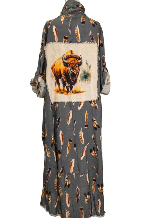 Duster with Bison Printed Patchwork and Feather Graphics 