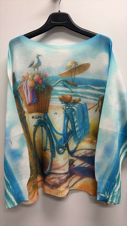 VIBI Blue Bycicle Round Neck Knit Printed Sweater