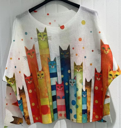 COCAT White Cats Round Knit Printed Sweater Loowie