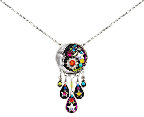 8983-MC Luna Circular Pendant w/ Tear Drop Dangles Necklace-Multicolor