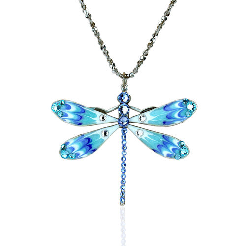 Large Turquoise Blue White Enamel Crystal Dragonfly Necklace
