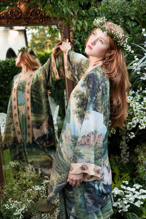 The Mythmaker Matinée Duster Kimono w/ landscape & unicorn