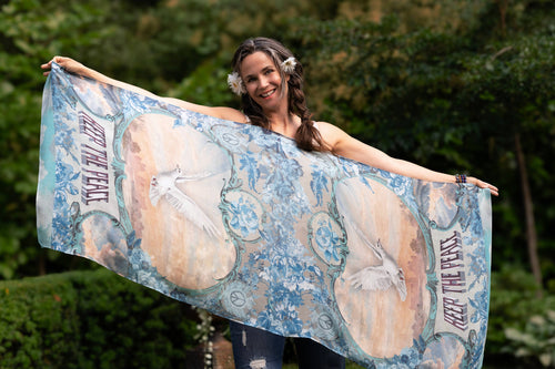 Peace Out Cropped Boho Bamboo Scarf with Doves and Sunrise