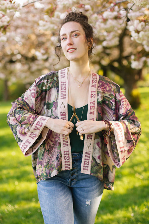 Make A Wish Floral Cropped Bamboo Kimono w/ Good Luck Charms
