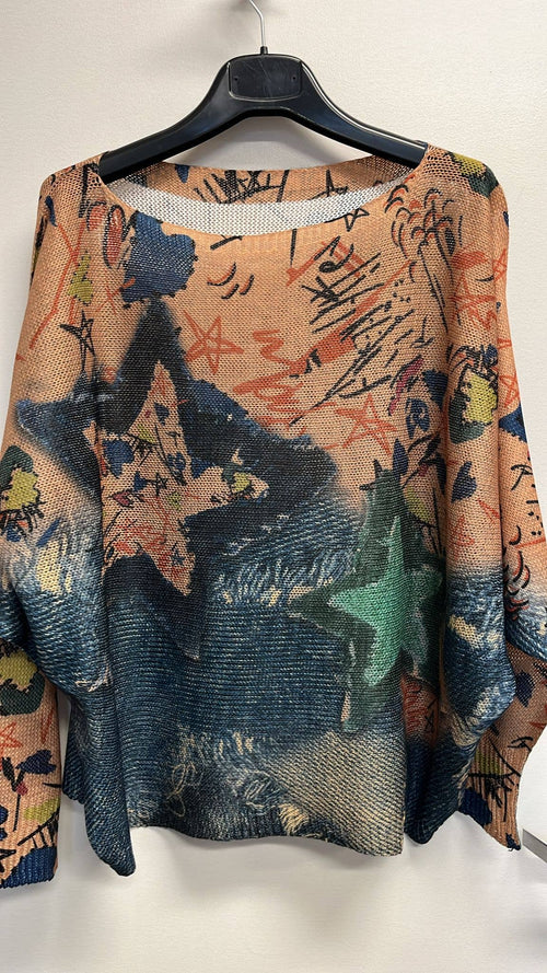 VIST Peach Stars Round Neck Knit Printed Sweater