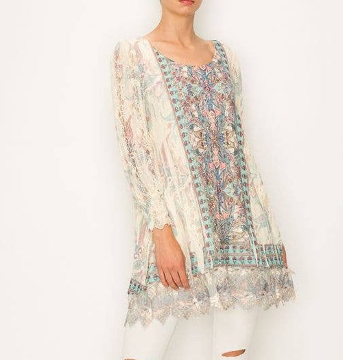Printed Lined Lace Tunic Top 4507