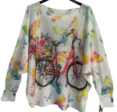 309 White Bicycle Butterfly Round Neck Knit