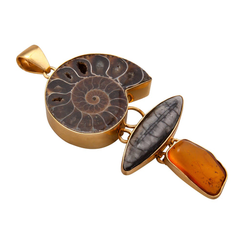 Alchemia Ammonite, Orthoceras & Amber Pendant on Alchemia Twist Necklace