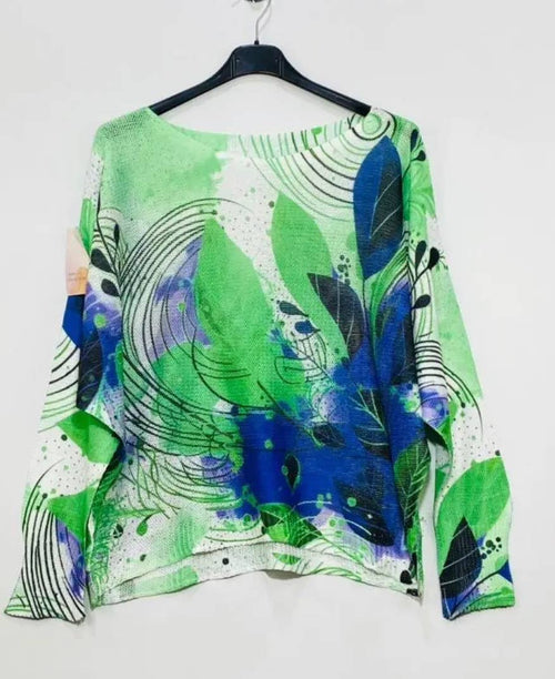 C0051 Green Leaves Round Knit Print