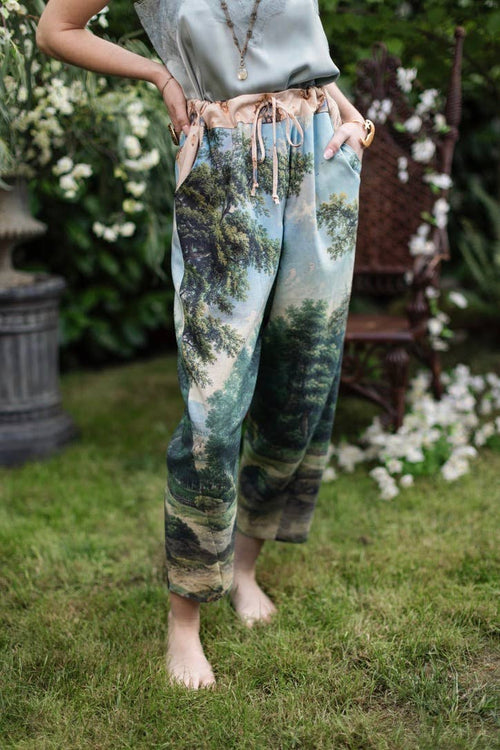 The Mythmaker Linen Crop Artist Pant Boho Landscape Print