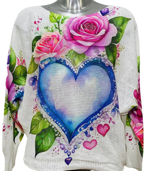 White Blue Heart Round Neck Knit Print Top