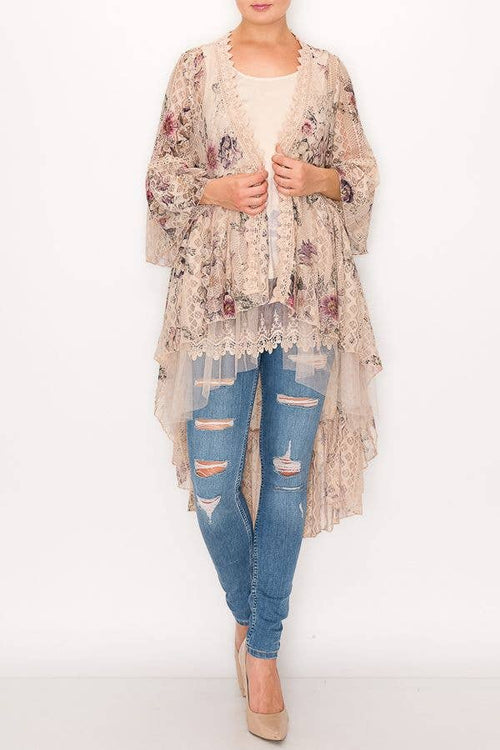 Lace Cardigan Duster OLS-4508 TAUPE/C FL