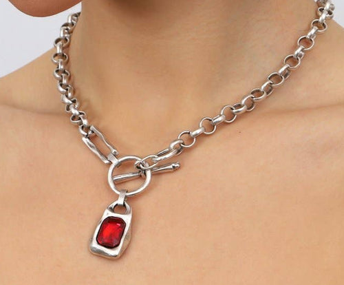 Red Crystal Stone Pendant Chain Necklace 1244