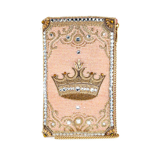 Crowned Jewel Beaded Pink and Gold Crown Crossbody Phone Bag